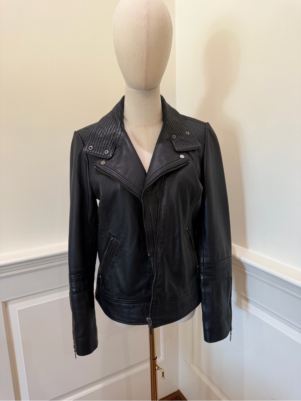Bernardo Black Leather Moto Jacket with Quilted Collar